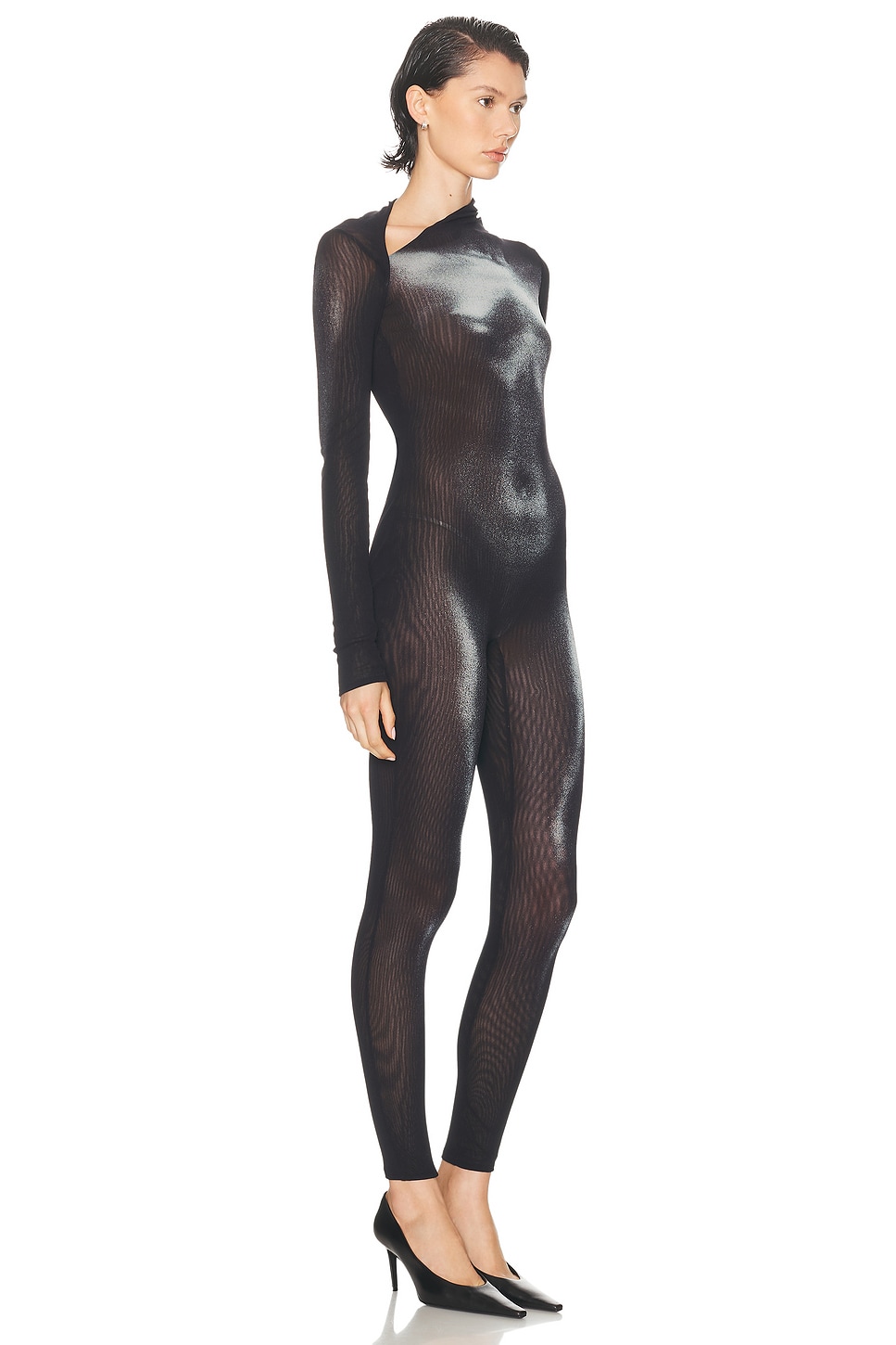 Jean Paul Gaultier Asymmetric Collar Body Dust Printed Catsuit In Black