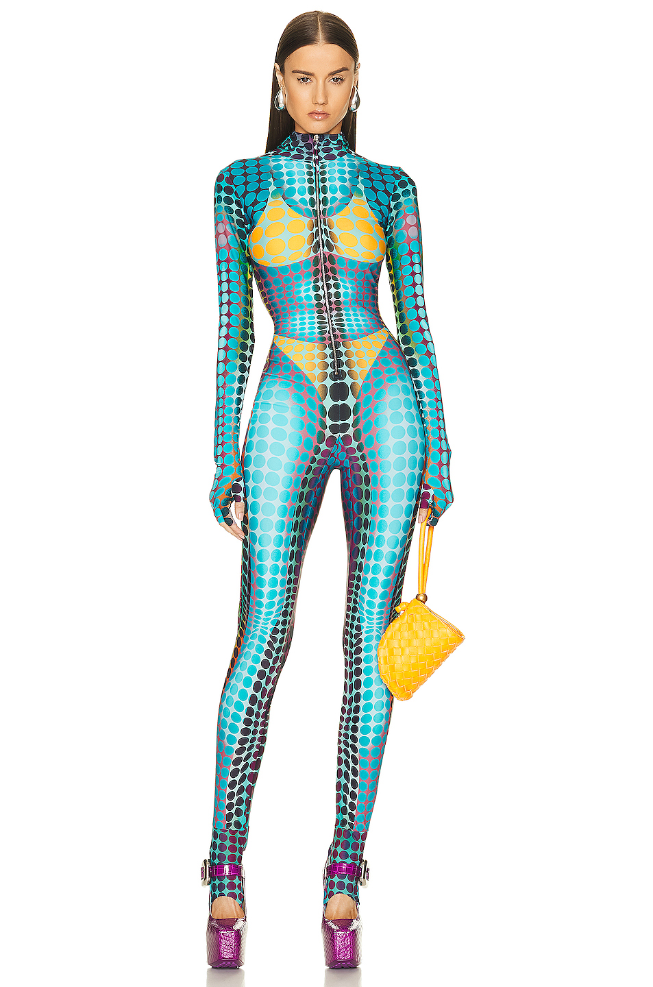 Image 1 of Jean Paul Gaultier High Neck Hooded Jumpsuit in Blue, Purple, & Yellow