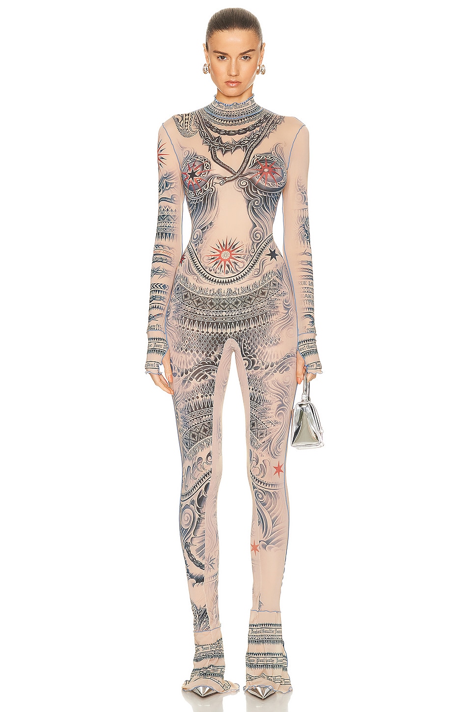 Image 1 of Jean Paul Gaultier Printed Soleil High Neck Jumpsuit in Nude, Blue, & Red