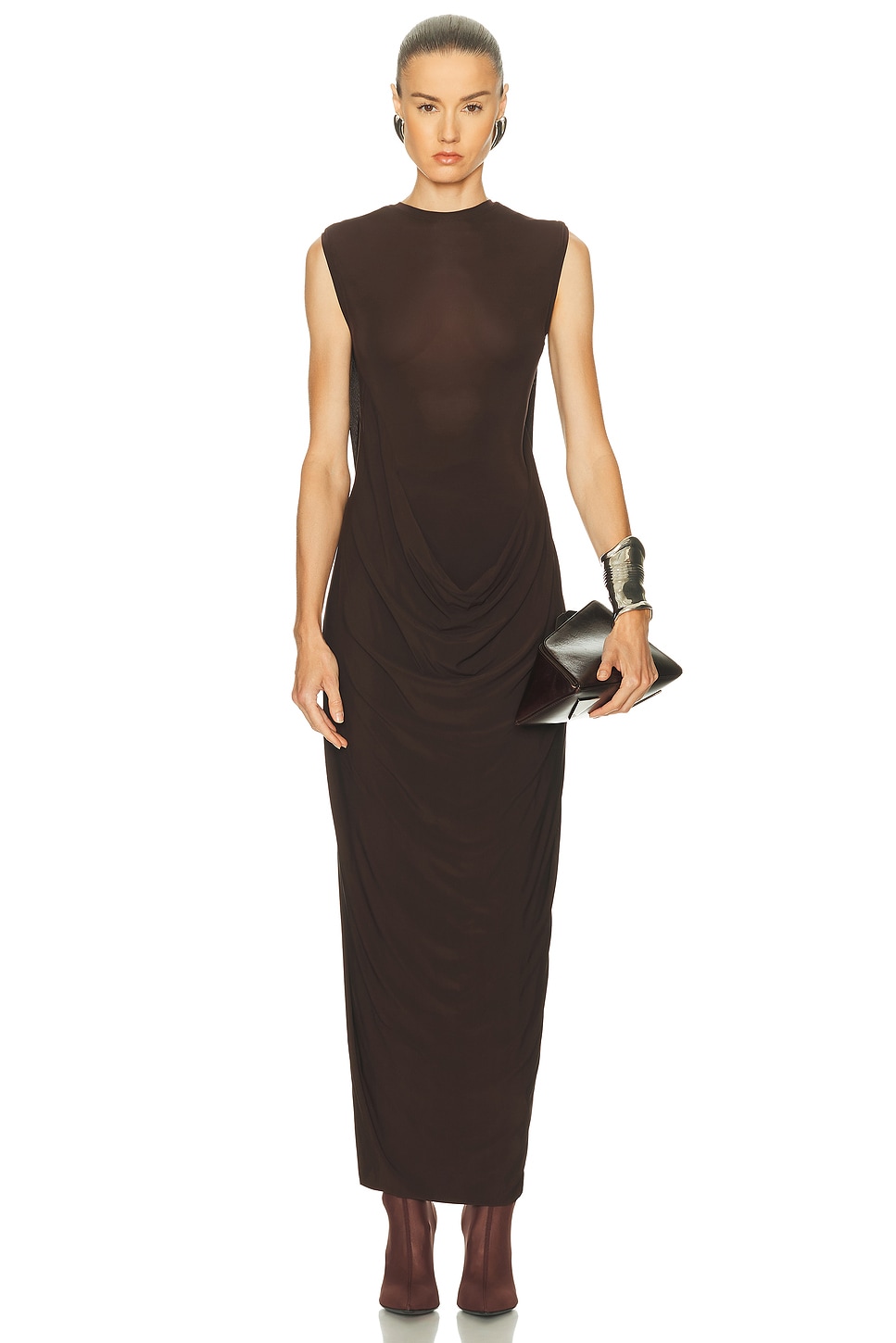 Jean Paul Gaultier Long Draped Maxi Dress In Stretch Viscose In Brown
