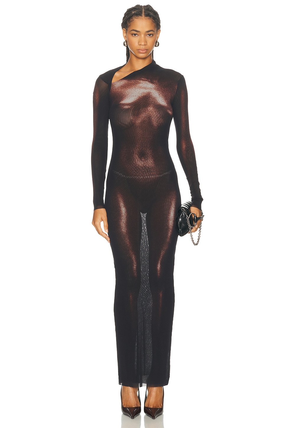 Image 1 of Jean Paul Gaultier Asymmetric Collar Long Body Dust Print Dress in Black & Brown