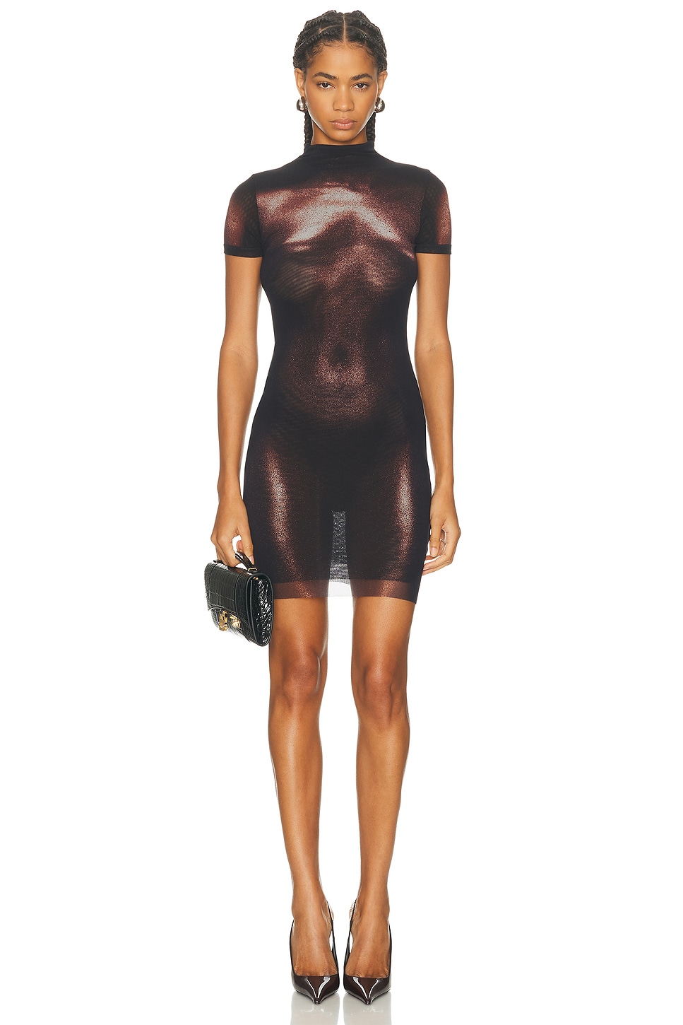 Image 1 of Jean Paul Gaultier High Neck Body Dust Printed Short Dress in Black & Brown