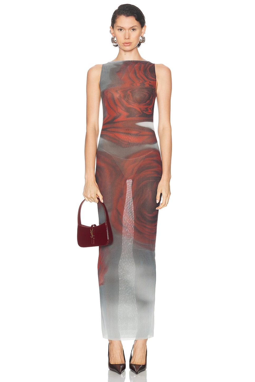 Image 1 of Jean Paul Gaultier Boat Neck Blurry Roses Printed Sleeveless Dress in White, Grey, & Red