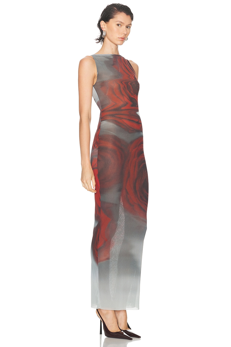 Jean Paul Gaultier Boat Neck Blurry Roses Printed Sleeveless Dress In Brown
