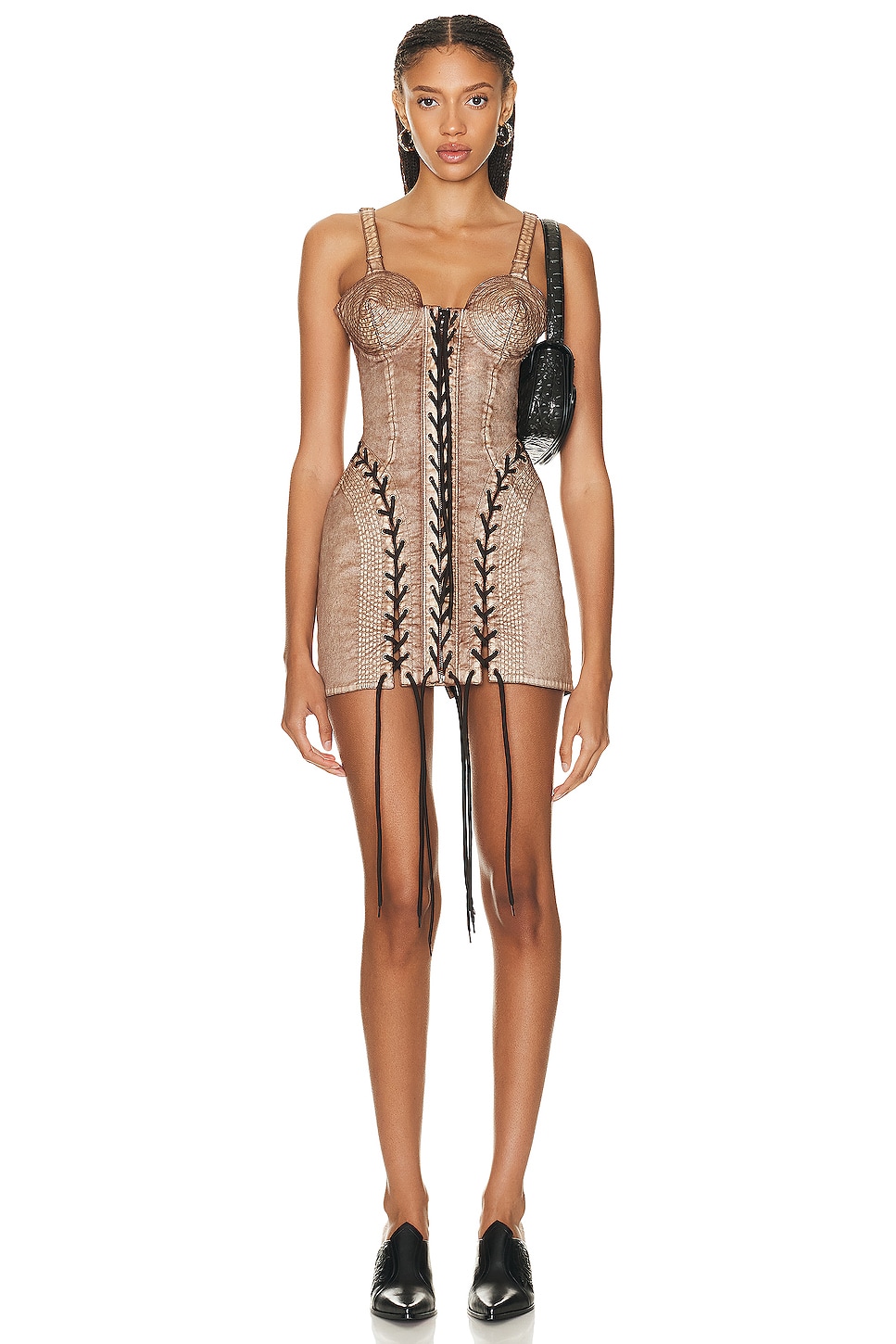 Image 1 of Jean Paul Gaultier X KNWLS Conical Laced Branded Patch Sleeveless Dress in Brown & Ecru
