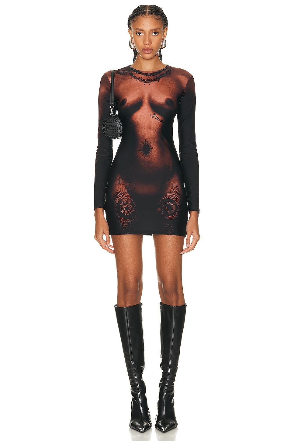 Image 1 of Jean Paul Gaultier Printed Corps Long Sleeve High Neck Short Dress in Dark Nude