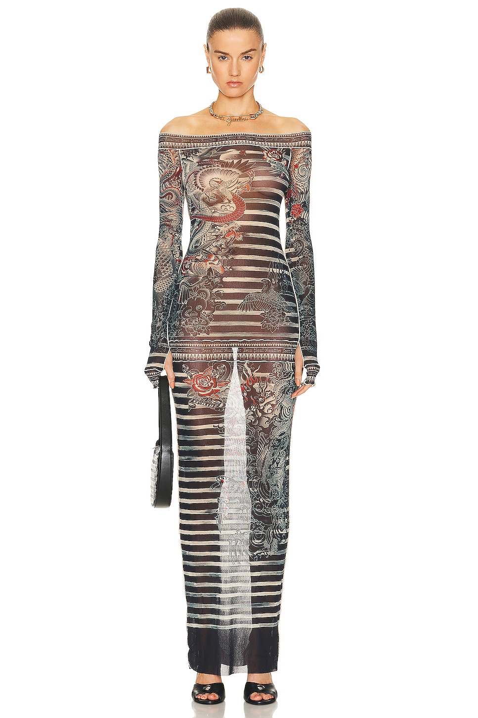 Image 1 of Jean Paul Gaultier Printed Mariniere Tattoo Long Boat Neck Dress in Navy, Blue, & White