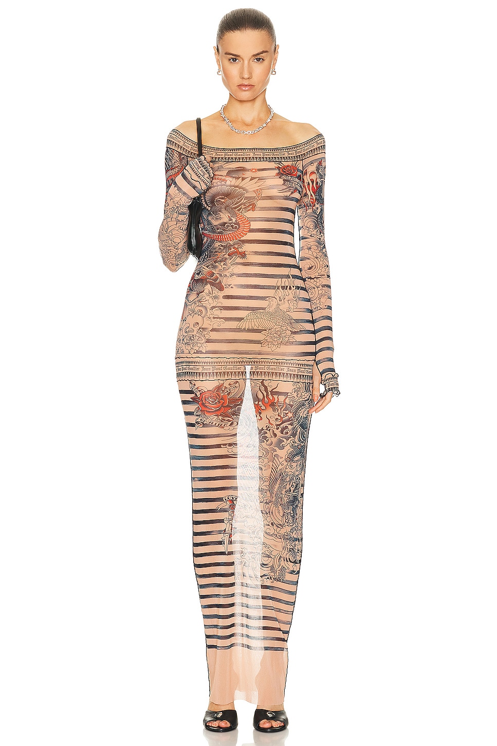 Image 1 of Jean Paul Gaultier Printed Mariniere Tattoo Long Boat Neck Dress in Nude, Blue, & Red