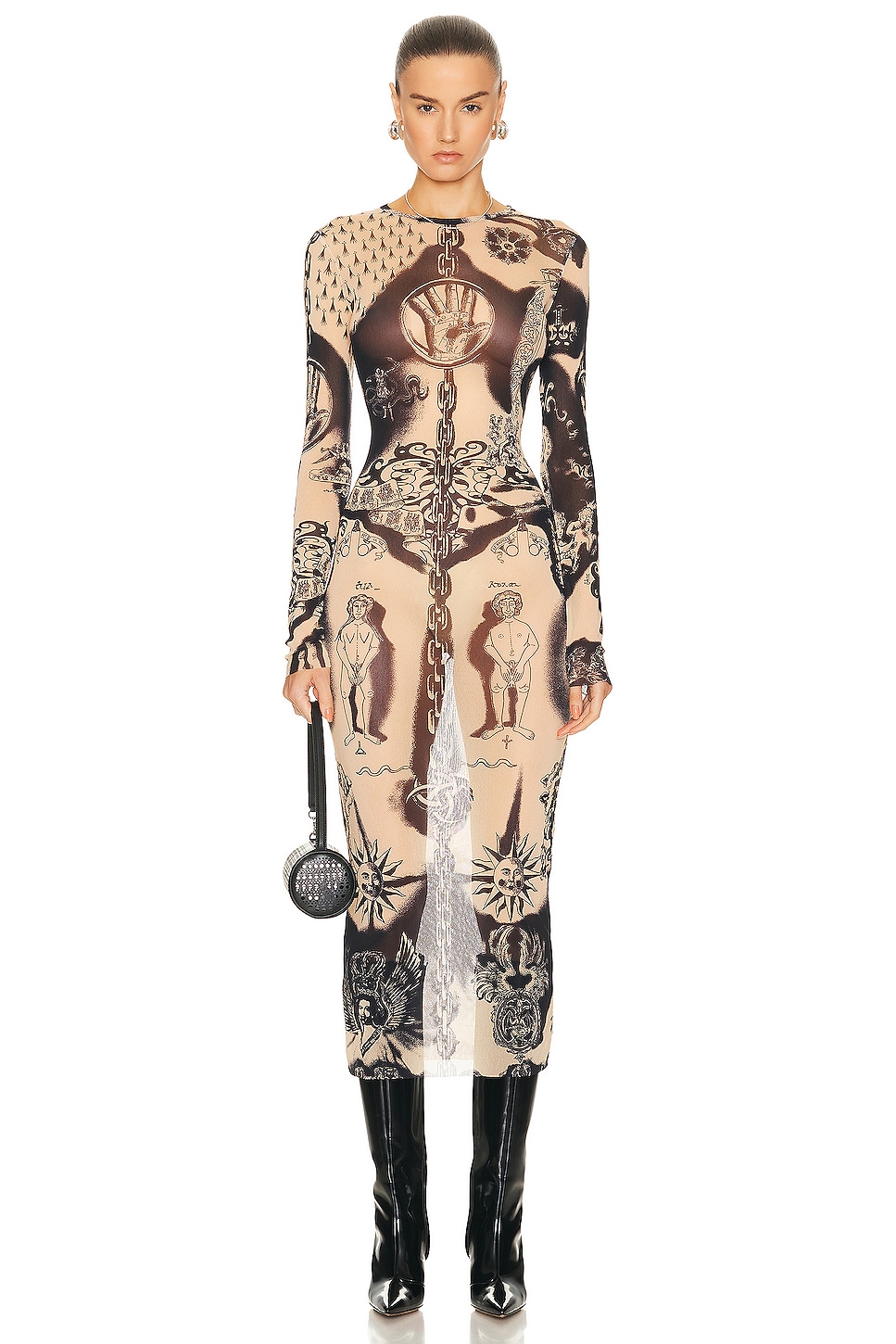 Image 1 of Jean Paul Gaultier Printed Heraldique Long Sleeve Crew Neck Dress in Nude & Navy