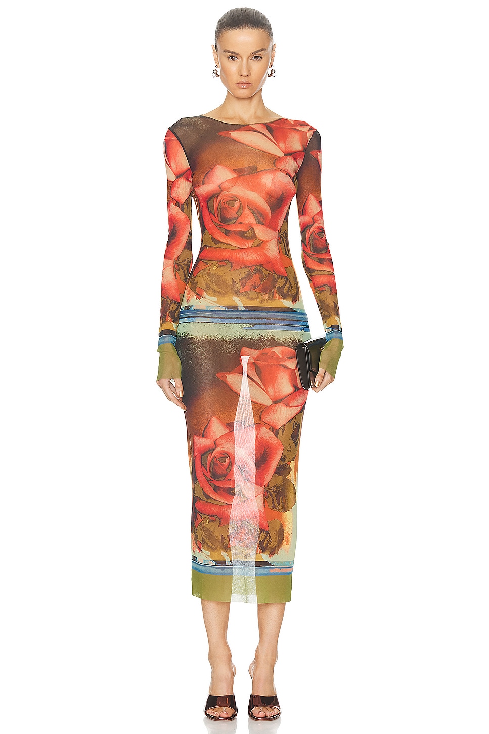 Image 1 of Jean Paul Gaultier Roses Mesh Long Sleeve Dress in Green, Red, & Blue