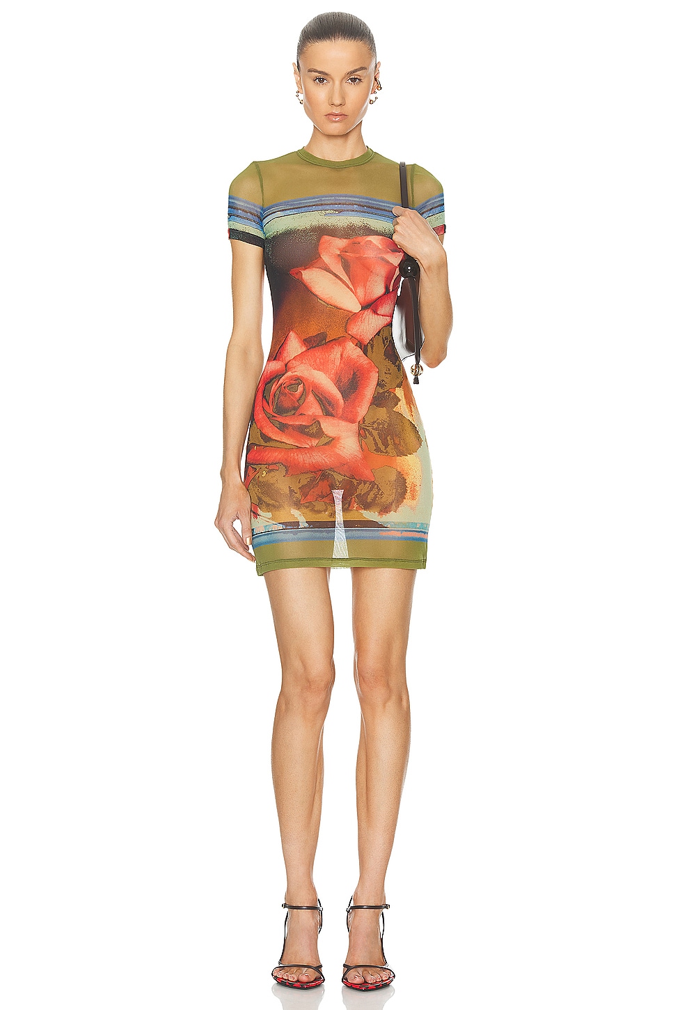Image 1 of Jean Paul Gaultier Roses Mesh Short Sleeve Dress in Green, Red & Blue