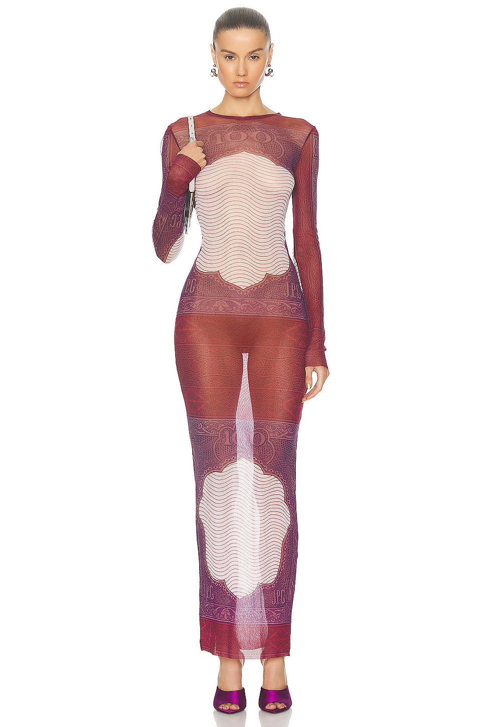 Image 1 of Jean Paul Gaultier Cartouche Mesh Long Sleeve Dress in Red, White, & Burgundy
