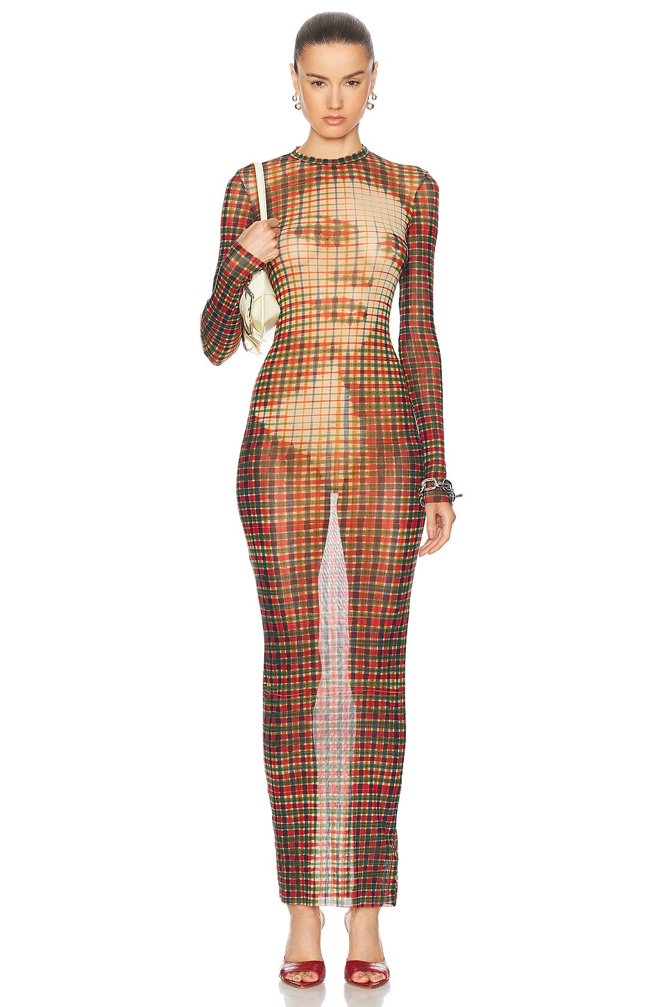 Shop Jean Paul Gaultier Tartan Face Long Dress In Sepia  Yellow  Blue & Red