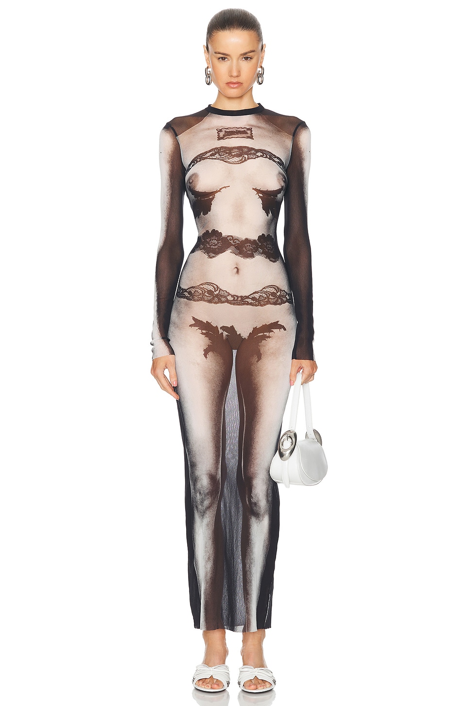 Shop Jean Paul Gaultier Body Lace Mariniere Long Dress In Black  Grey  & White