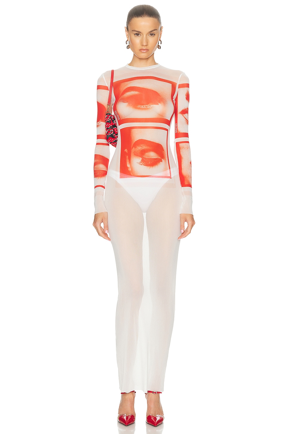 Image 1 of Jean Paul Gaultier Eyes And Lips Mesh Long Printed Dress in White, Red, & Light Orange