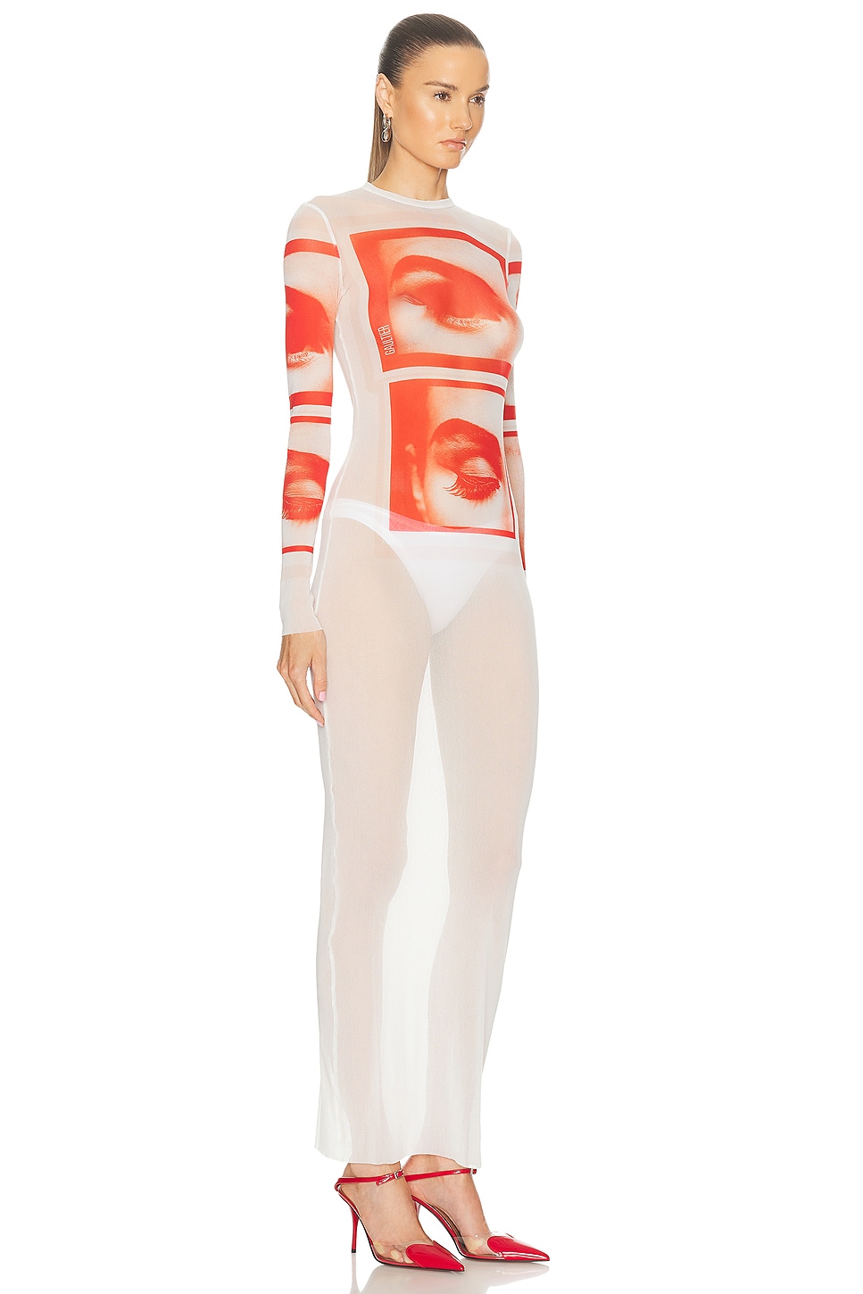 Jean Paul Gaultier White Tulle Maxi Dress With Unique Eyes In White Red & Light Orange