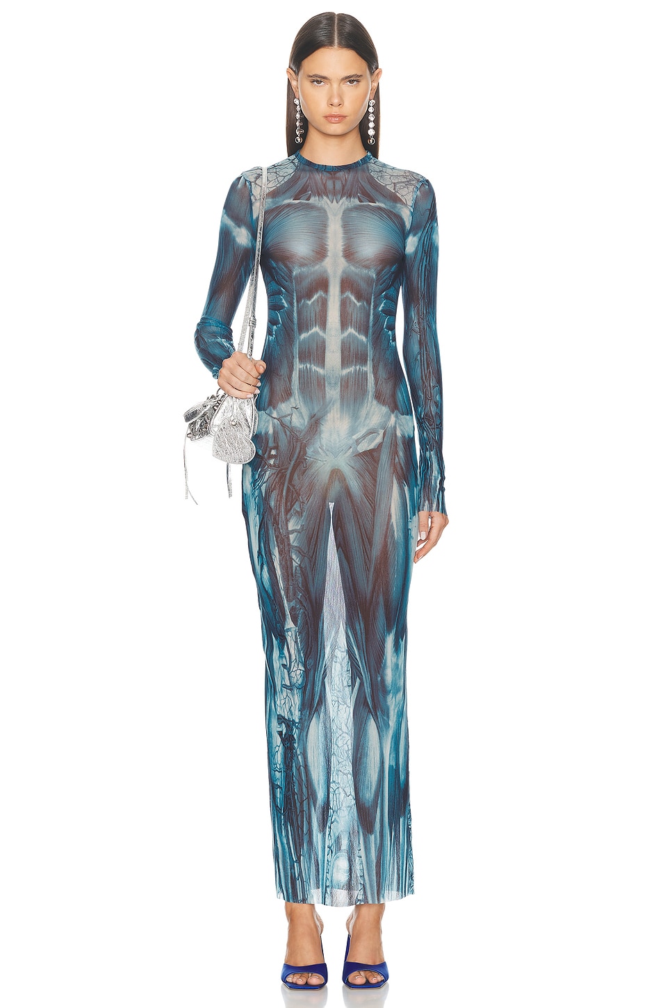 Image 1 of Jean Paul Gaultier Ecorche Mesh Long Printed Dress in Blue, Light Blue, & White