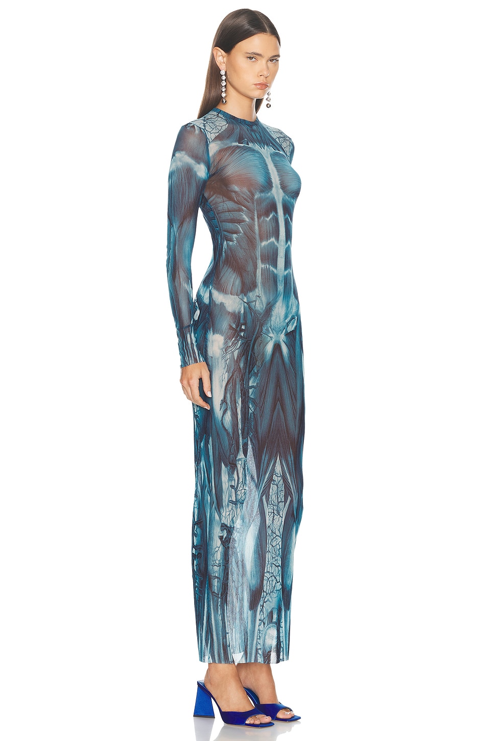 Shop Jean Paul Gaultier Ecorche Mesh Long Printed Dress In Blue  Light Blue  & White