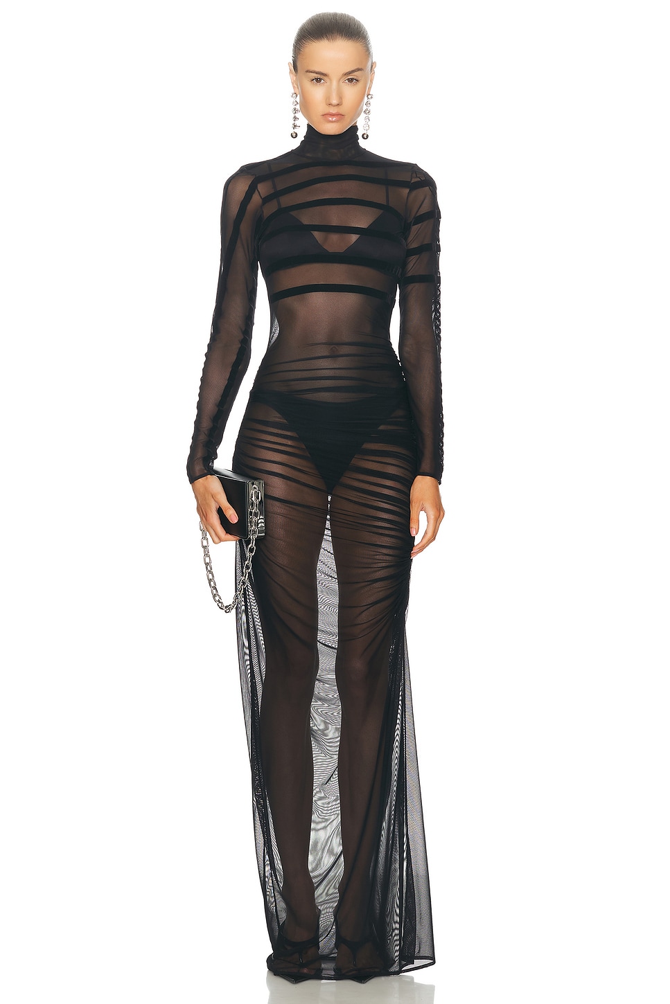 Gaultier 
Mariniere Turtleneck Draped Mesh Dress in Black