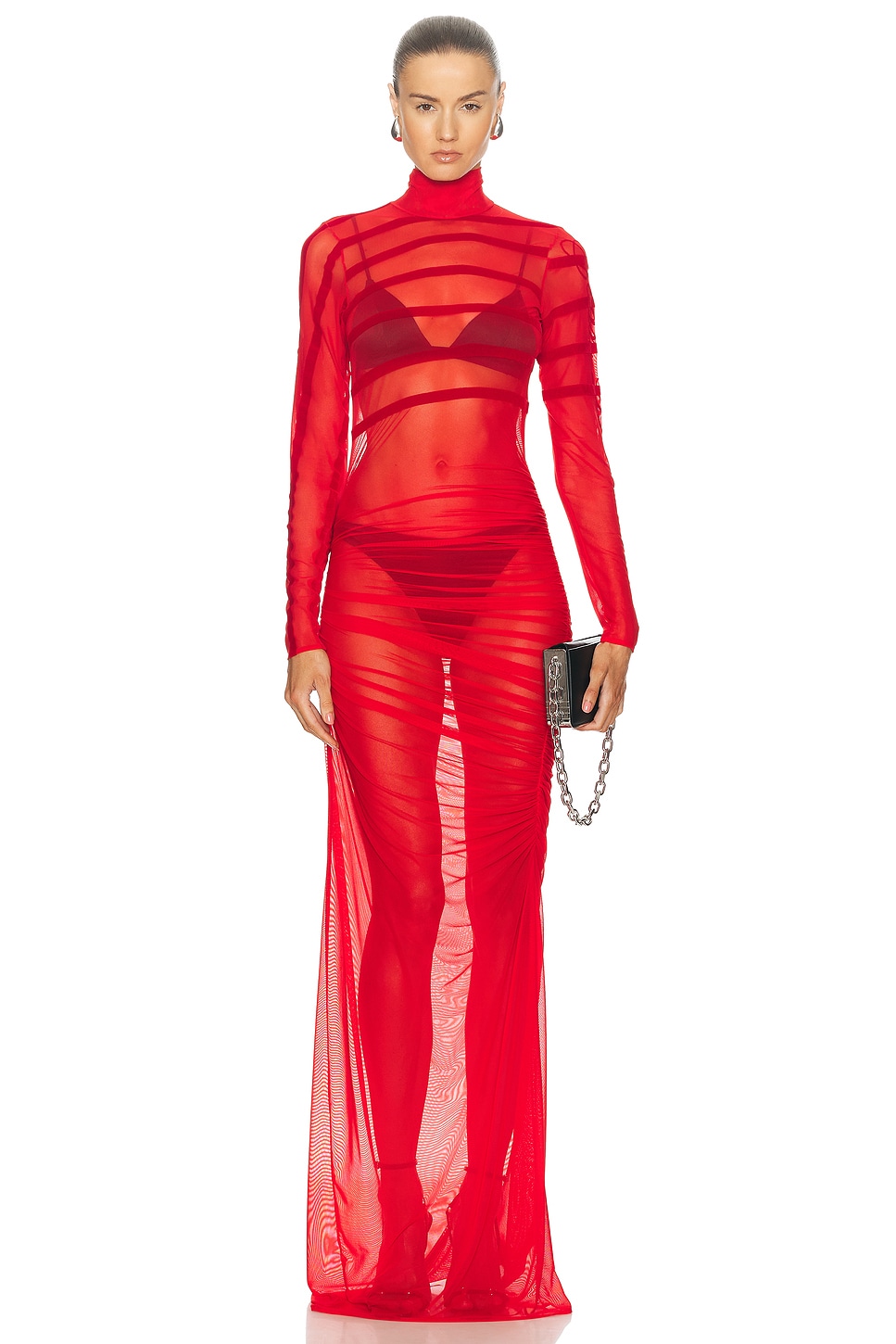 Image 1 of Jean Paul Gaultier Gaultier & Mariniere Turtleneck Draped Mesh Dress in Red