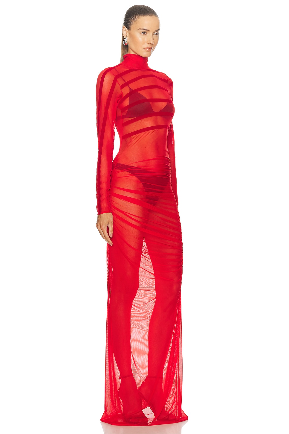 Shop Jean Paul Gaultier Gaultier & Mariniere Turtleneck Draped Mesh Dress In Red