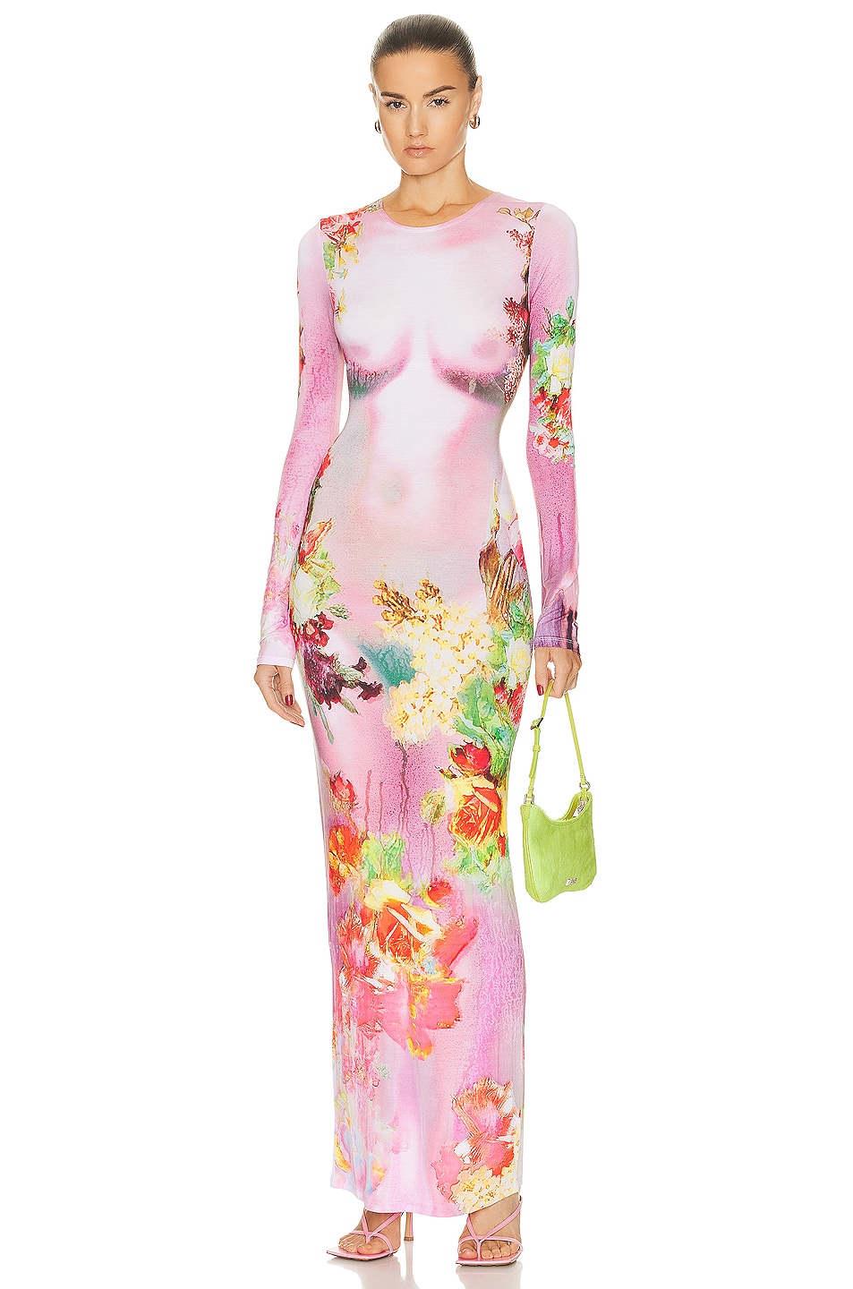 Image 1 of Jean Paul Gaultier Printed Body Flowers Long Sleeve Dress in Pink & Yellow