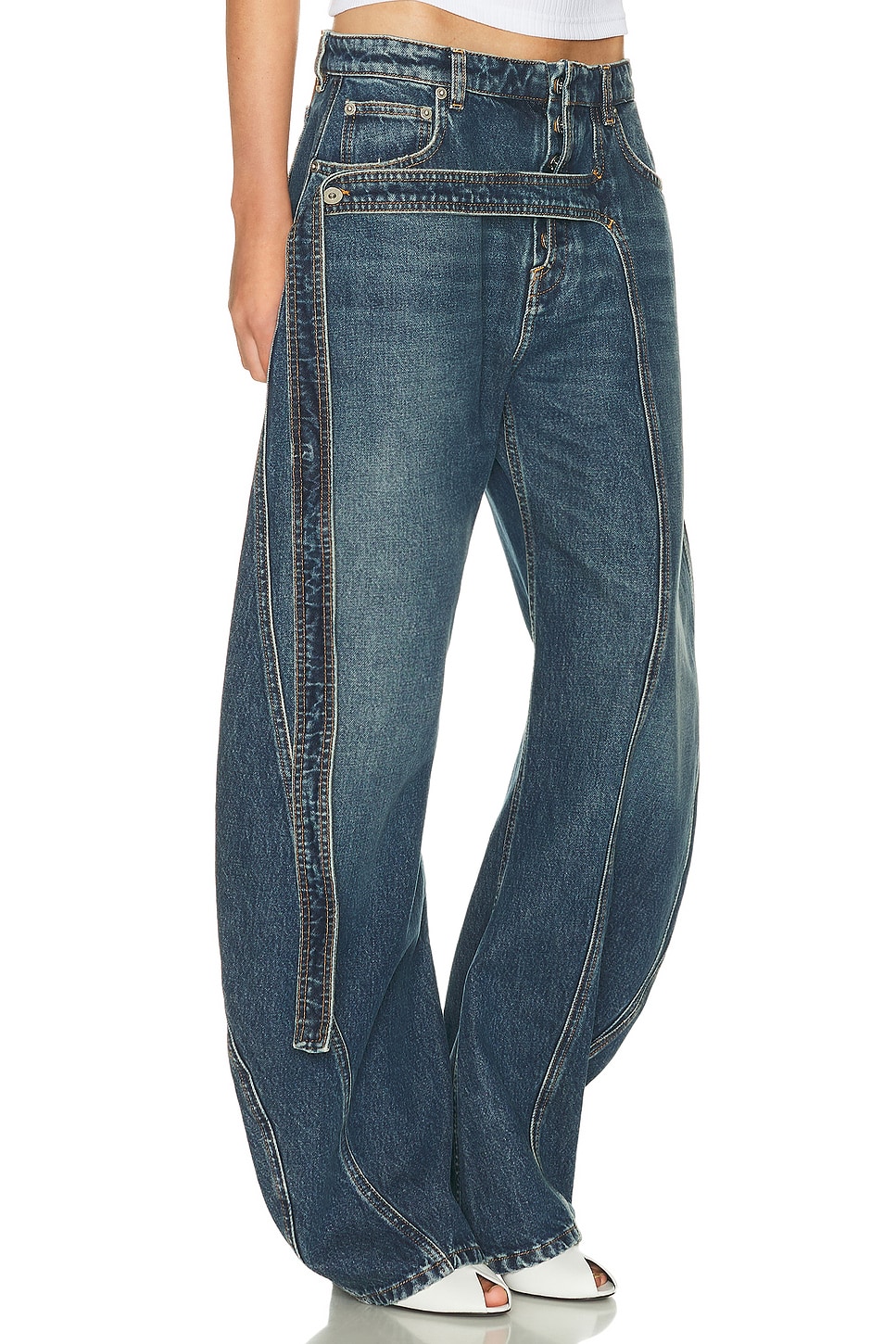 Jean Paul Gaultier Strap-detailed Paneled High-rise Wide-leg Jeans In Blue