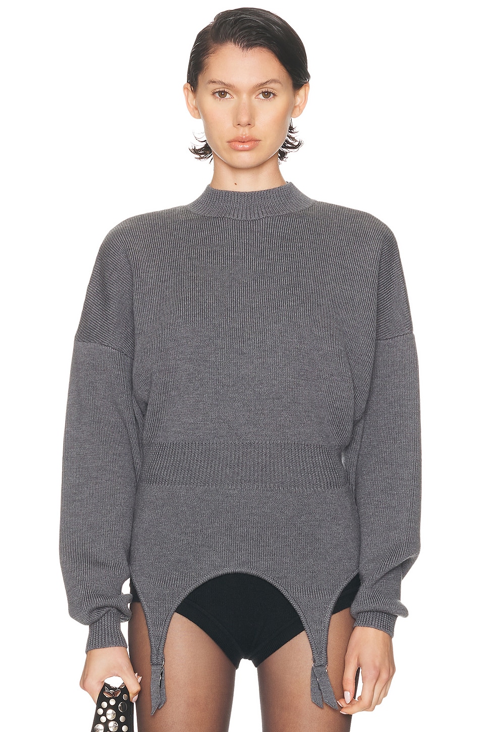 Jean Paul Gaultier High Neck Bat Sleeves Lingerie Garter Pullover Sweater In Gray