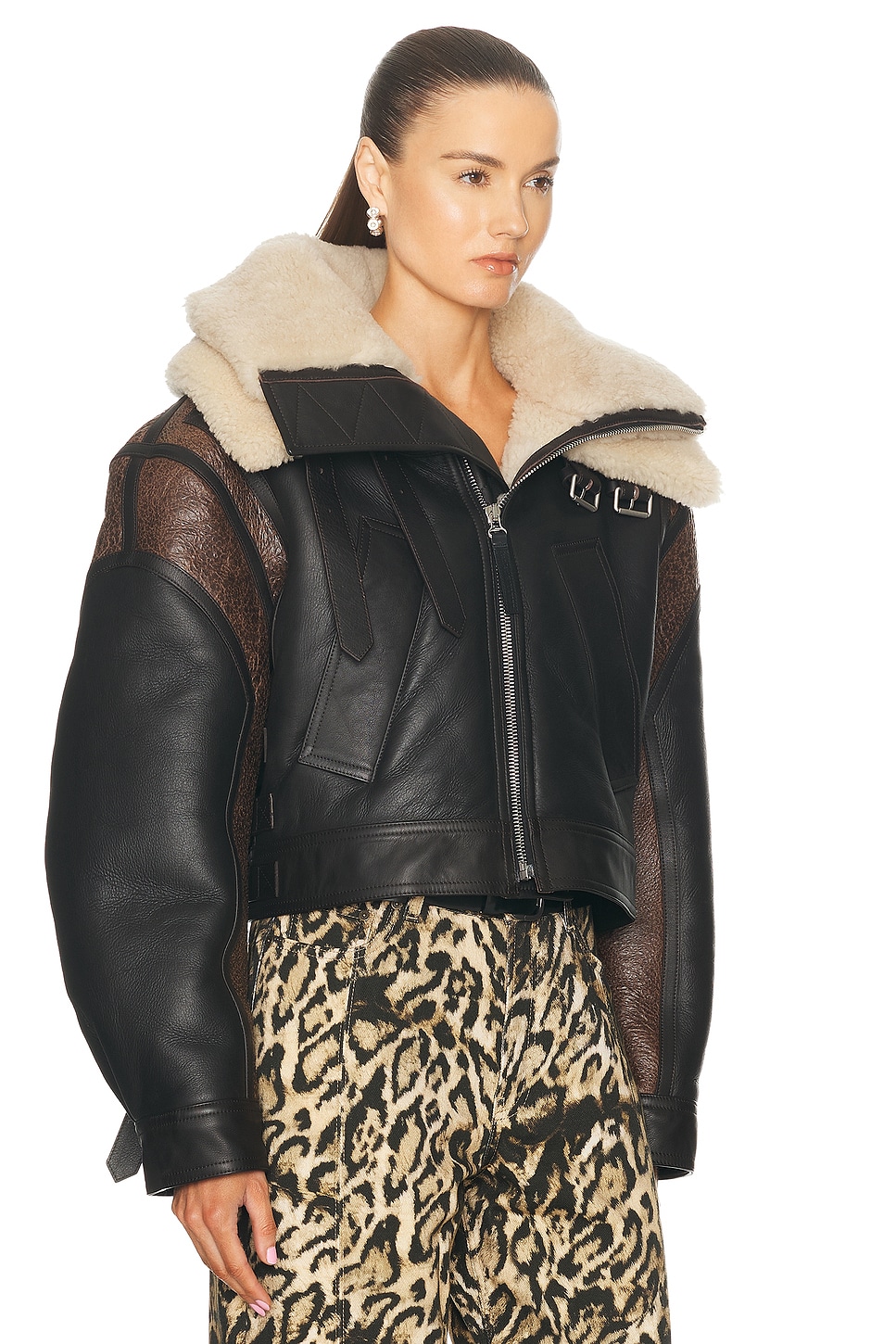 Jean Paul Gaultier Petit Grand Cropped Leather Jacket In Vintage Brown & Dark Brown