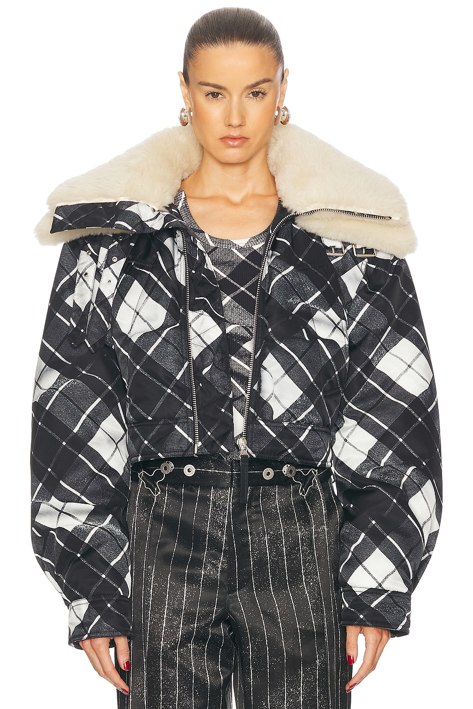 Image 1 of Jean Paul Gaultier Distorted Tartan Aviator Coat in Black, Grey, White, & Dark Brown