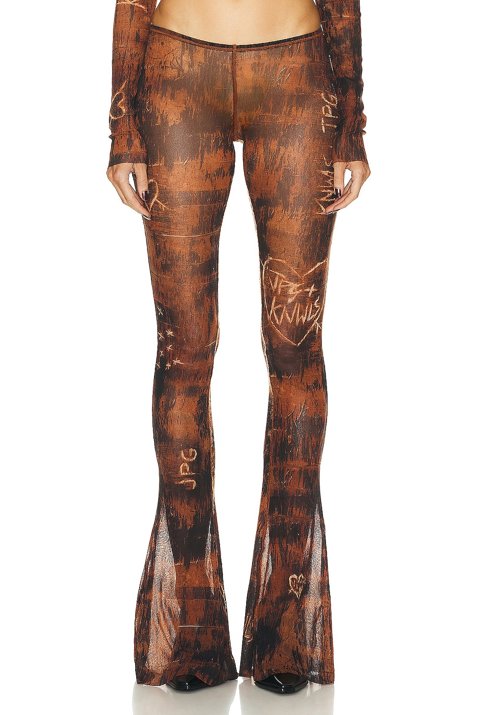 Image 1 of Jean Paul Gaultier X KNWLS Low Waisted Scratch Wood Flare Legging in Brown & Ecru