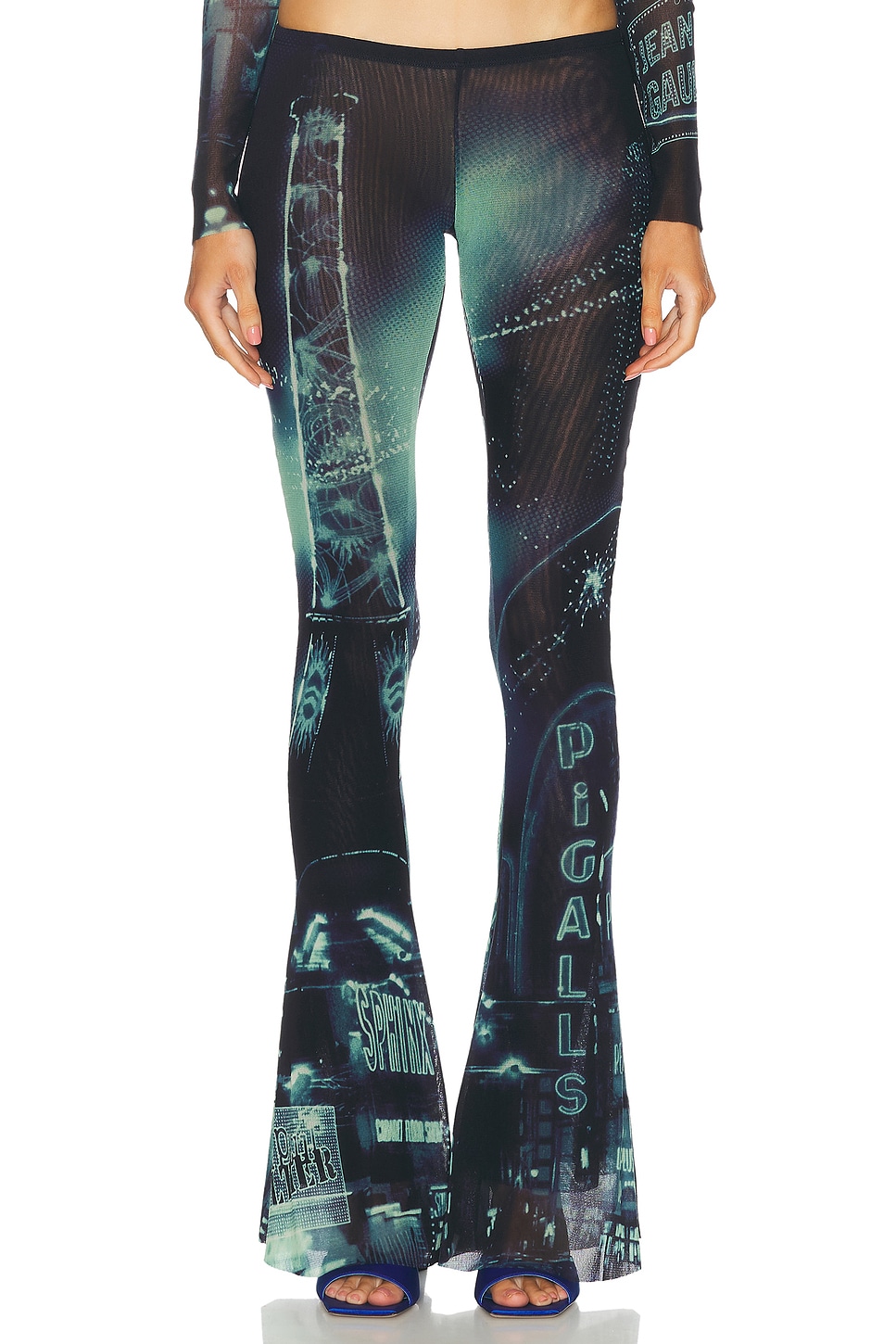 Pigalle Mesh Flare Printed Trouser in Blue