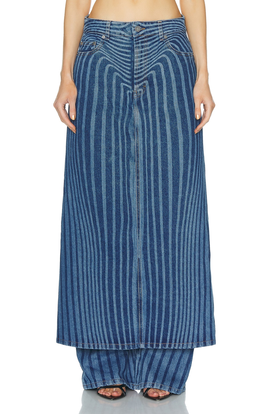 Image 1 of Jean Paul Gaultier Body Morphing Laser Print Denim Skirt Pant in Vintage Blue