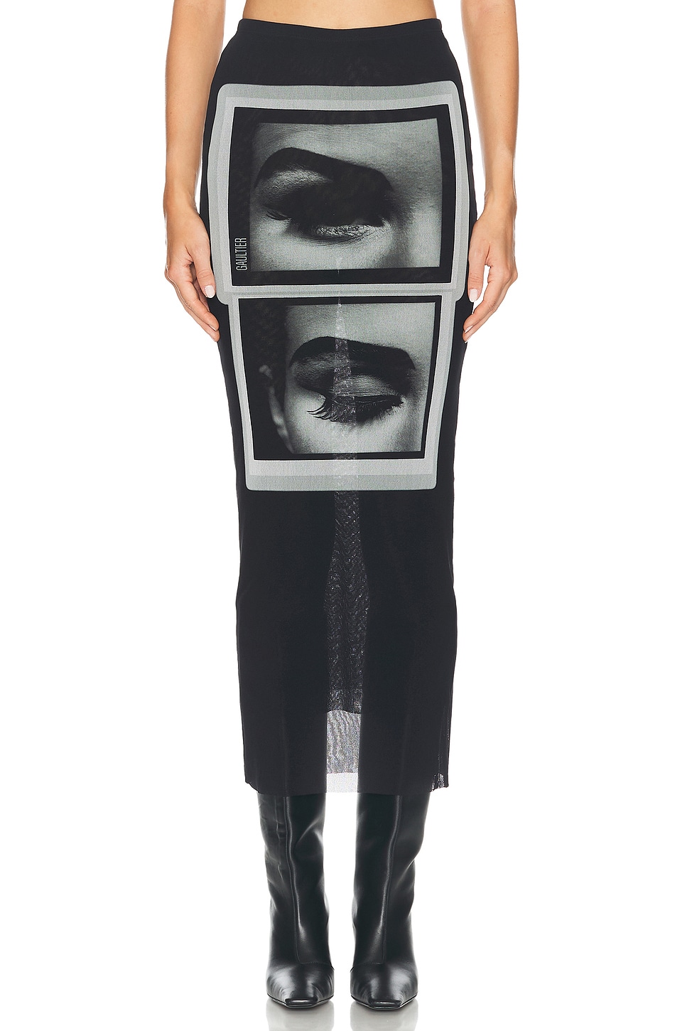 Image 1 of Jean Paul Gaultier Eyes And Lips Mesh Printed Long Skirt in Black, Grey, & White