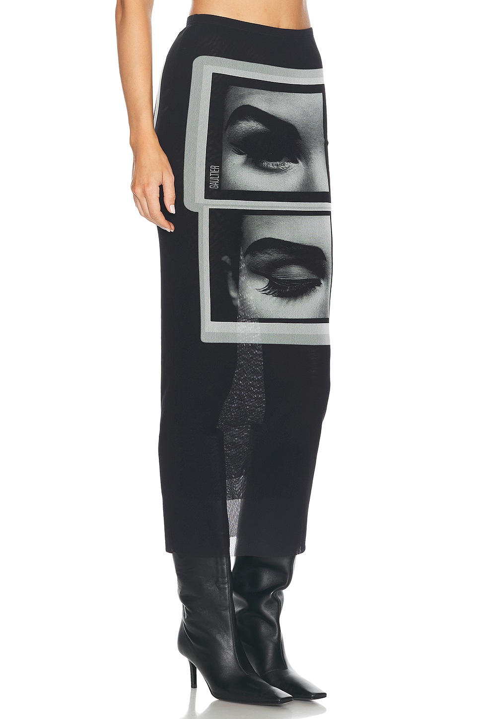 Shop Jean Paul Gaultier Eyes And Lips Mesh Printed Long Skirt In Black  Grey  & White