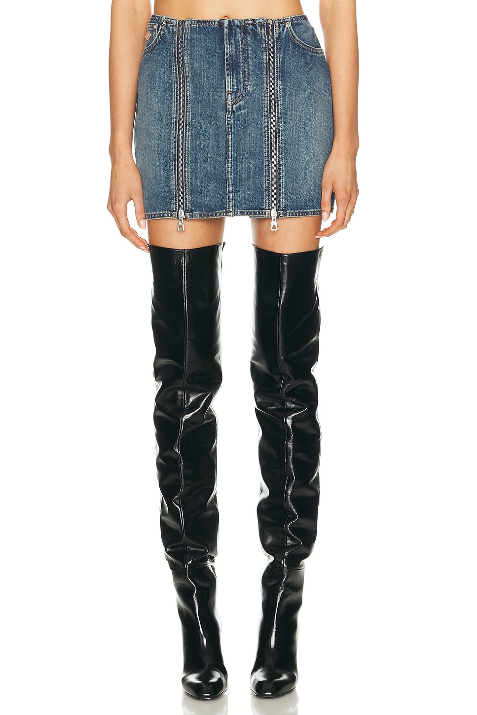 Image 1 of Jean Paul Gaultier Front Zipped Denim Mini Skirt in Vintage Blue