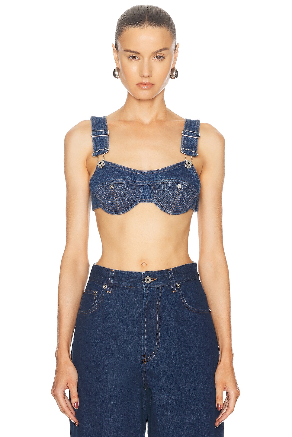 Image 1 of Jean Paul Gaultier Overalls Buckles Denim Bra Top in Vintage Blue