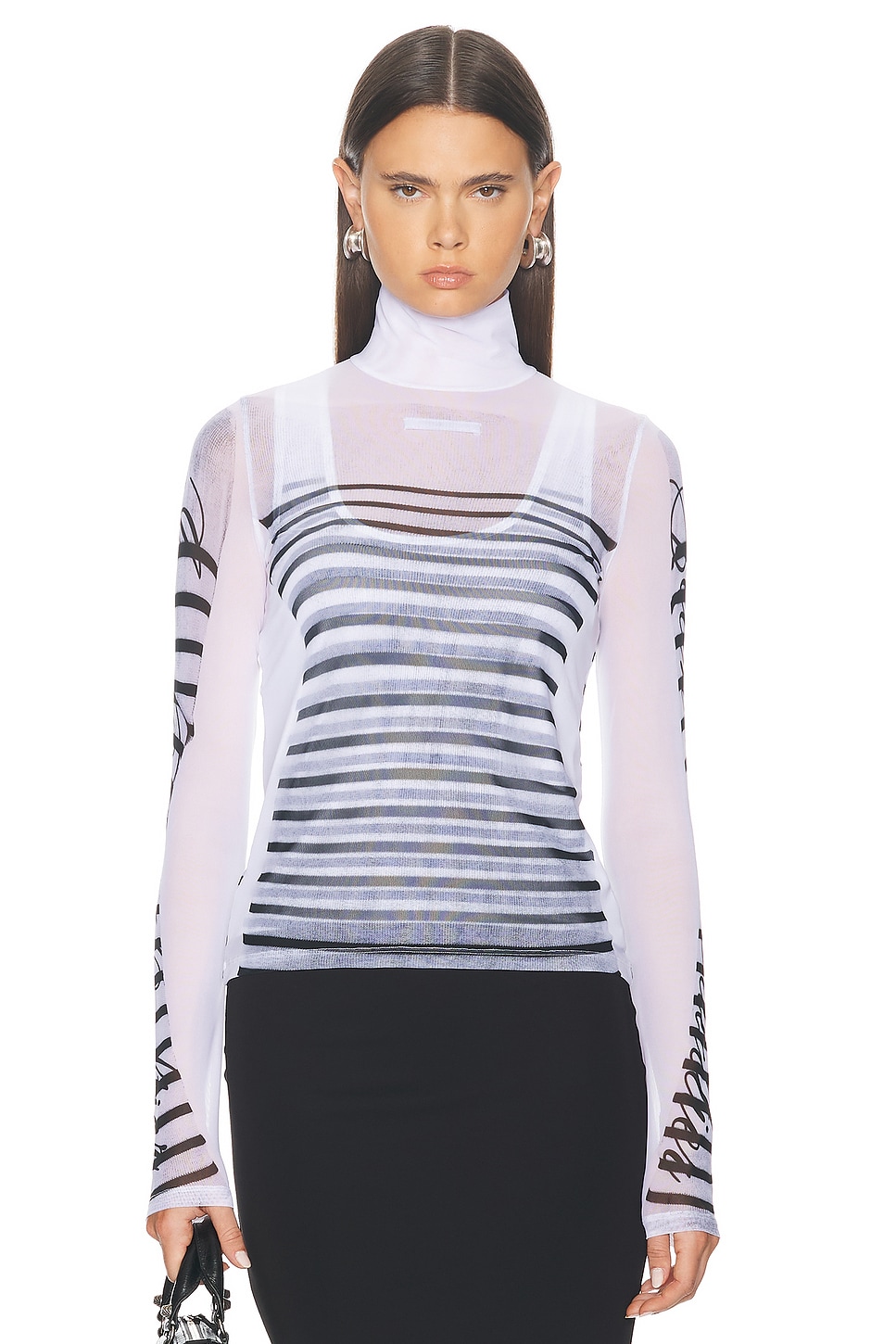 Image 1 of Jean Paul Gaultier Feathers Mariniere Printed Mesh Long Sleeve Top in White, Navy, & Black