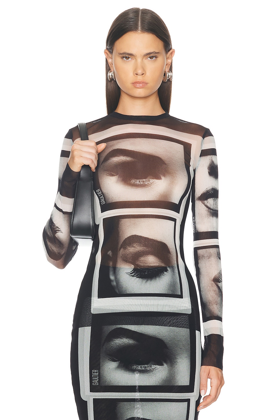 Image 1 of Jean Paul Gaultier Eyes And Lips Mesh Long Sleeve Top in Black, Grey, & White