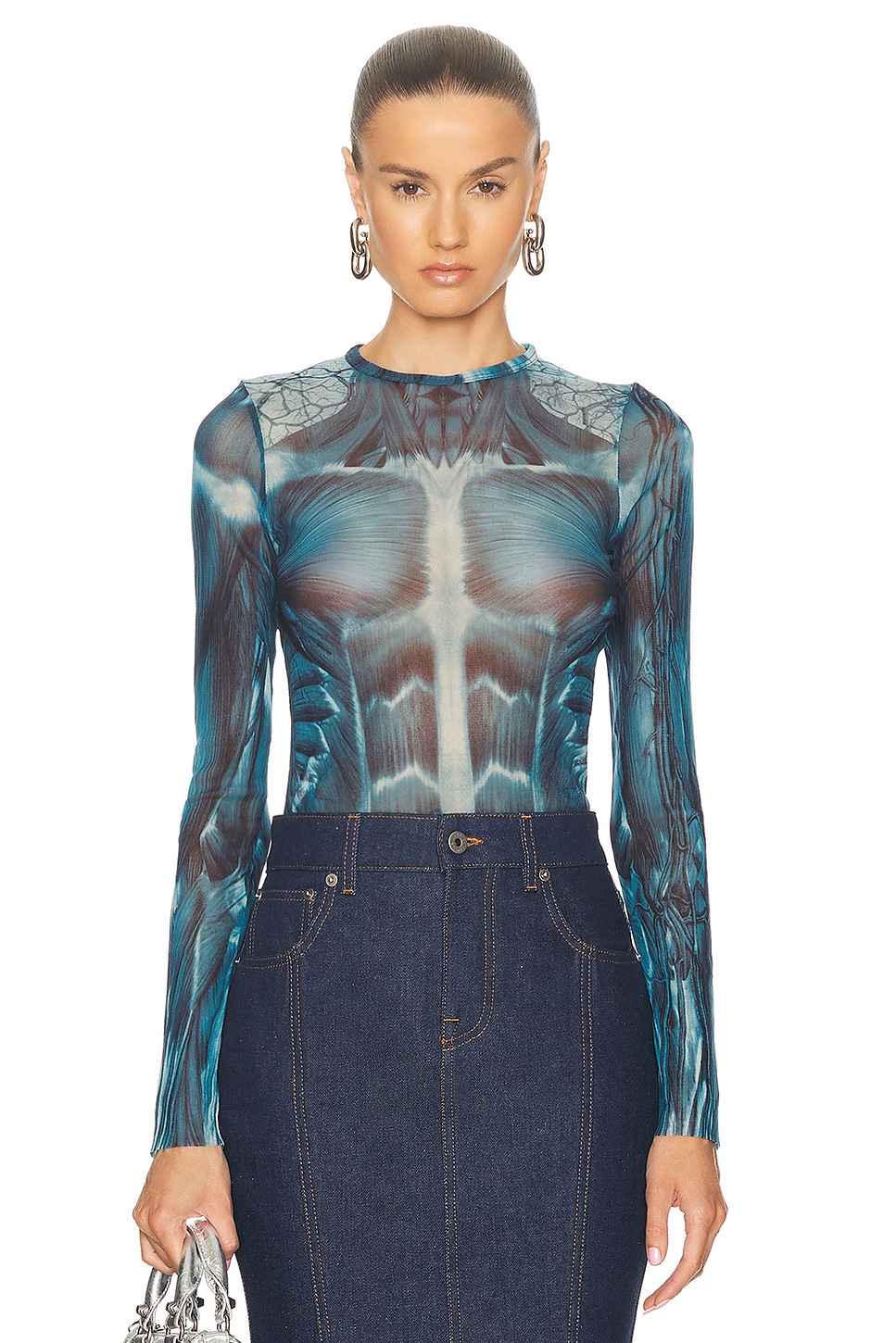 Image 1 of Jean Paul Gaultier Ecorche Mesh Printed Long Sleeve Top in Blue, Light Blue, & White