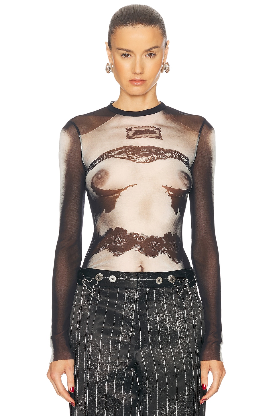 Image 1 of Jean Paul Gaultier Body Lace Mariniere Long Sleeve Top in Black, Grey, & White