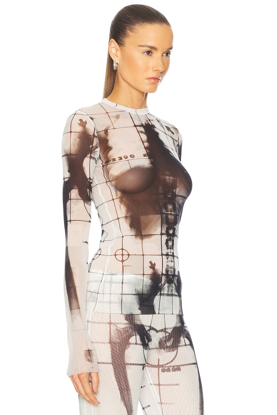Jean Paul Gaultier Mesh Crew Neck "squeletor" Printed Top In White & Black