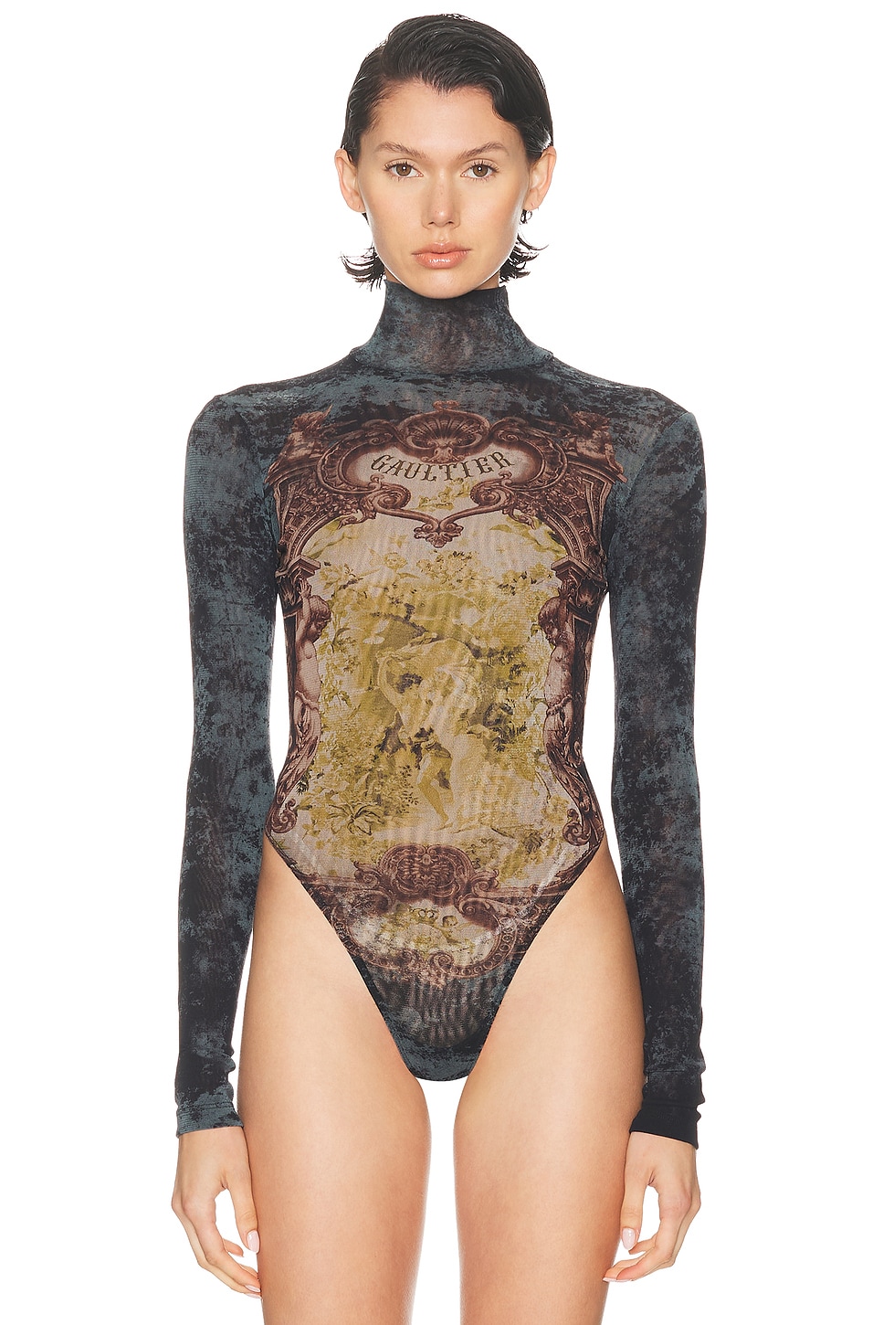 Jean Paul Gaultier Medaillon Printed Open Back Bodysuit In Gray