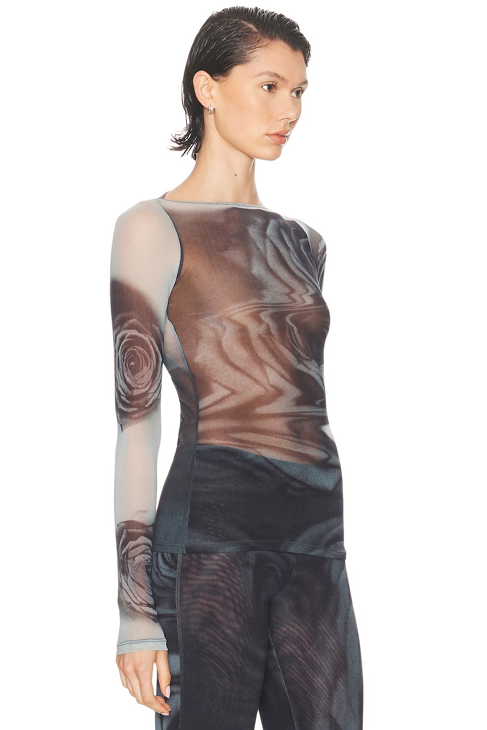Jean Paul Gaultier Boat Neck Blurry Roses Printed Long Sleeve Top In Brown