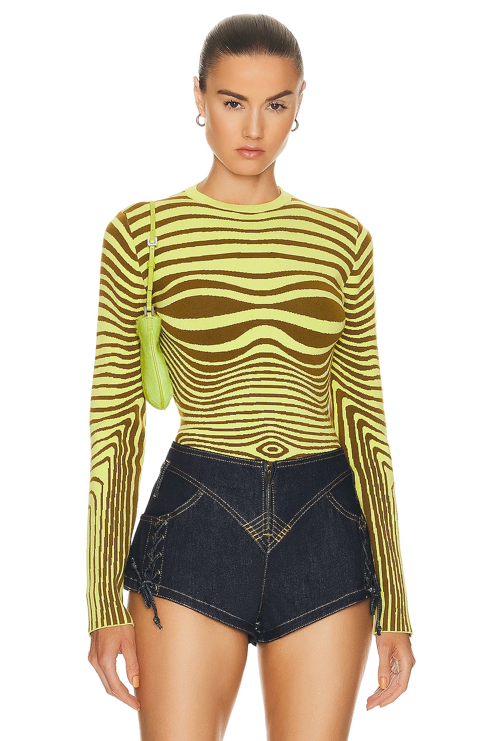 Image 1 of Jean Paul Gaultier Morphing Stripes Long Sleeve Top in Khaki & Lime