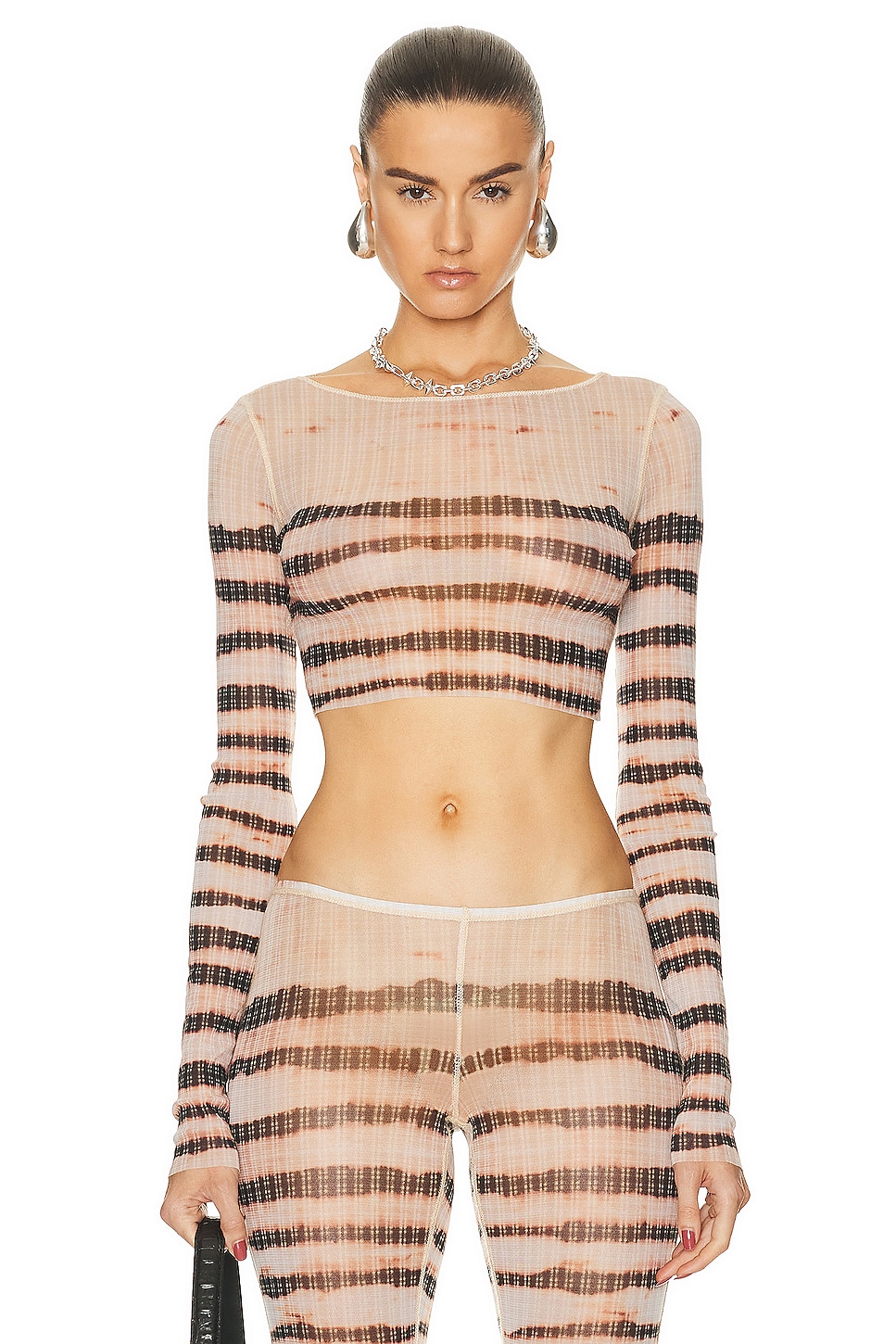 Image 1 of Jean Paul Gaultier X KNWLS Boat Neck Striped Washed Mariniere Cropped Top in Ecru & Brown