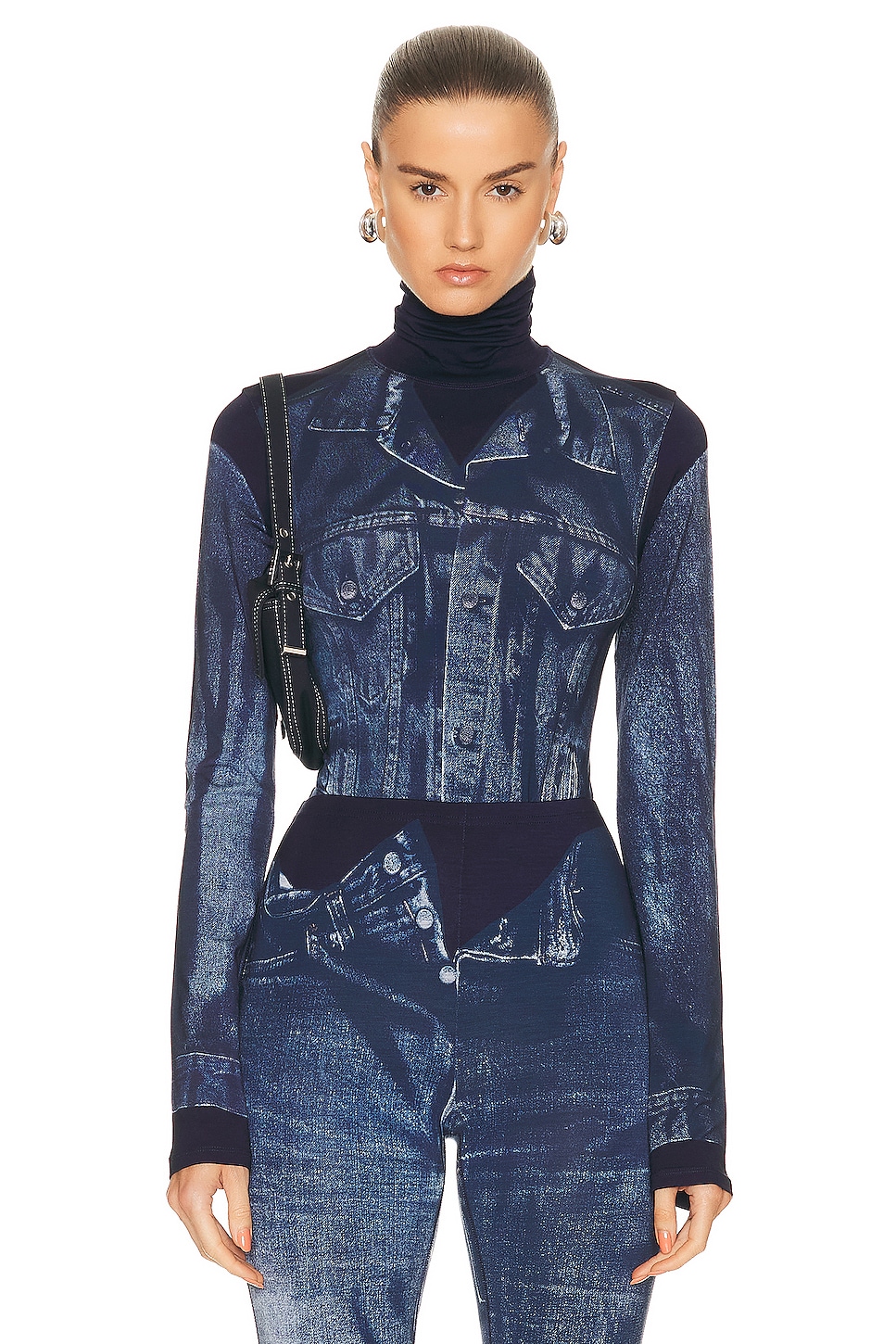 Image 1 of Jean Paul Gaultier Flag Label High Neck Long Sleeve Top in Navy & Blue