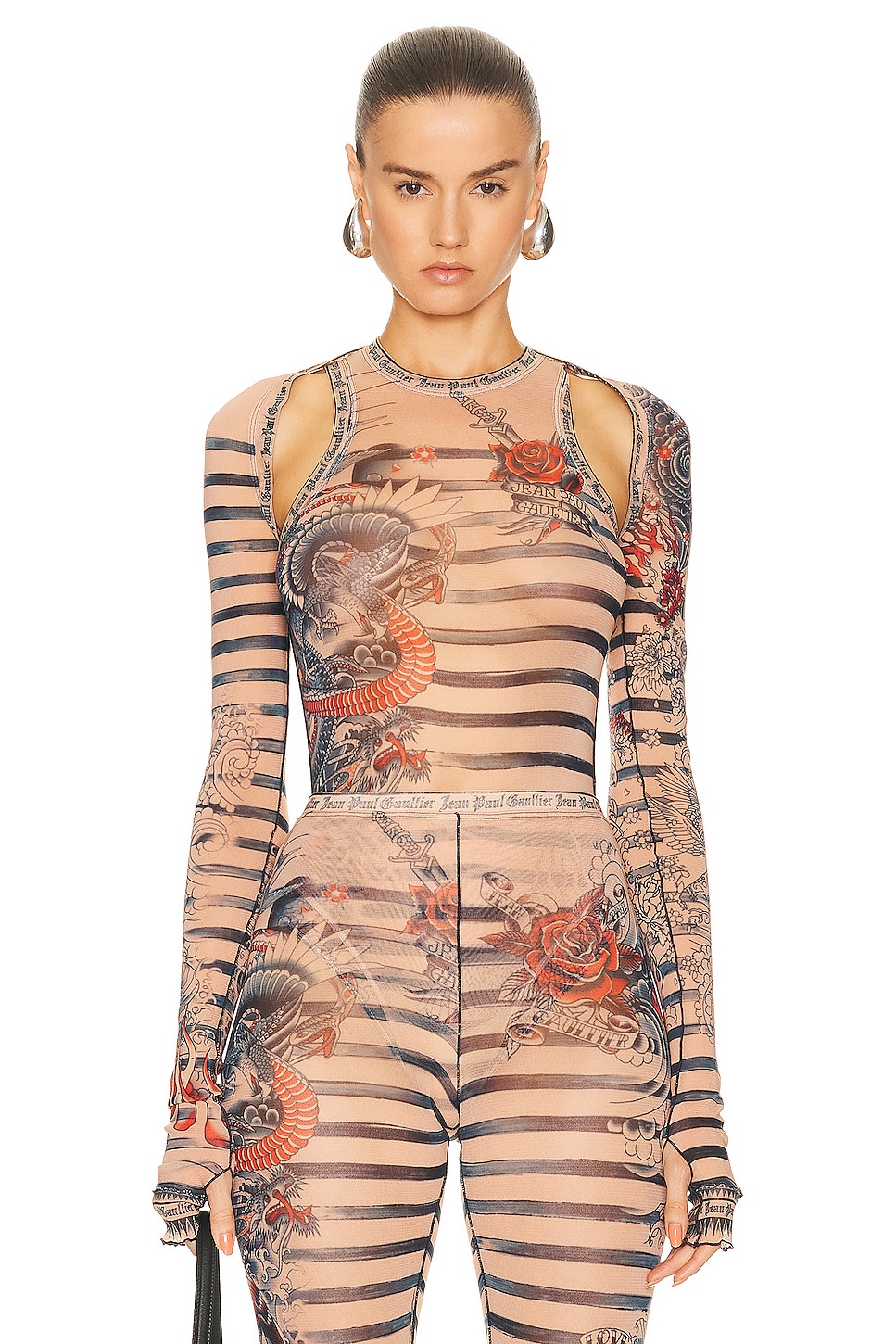 Image 1 of Jean Paul Gaultier Printed Mariniere Tattoo Long Sleeve Shawl in Nude, Blue, & Red