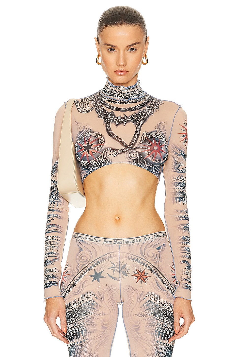 Image 1 of Jean Paul Gaultier Printed Soleil Long Sleeve High Neck Cropped Top in Nude, Blue, & Red