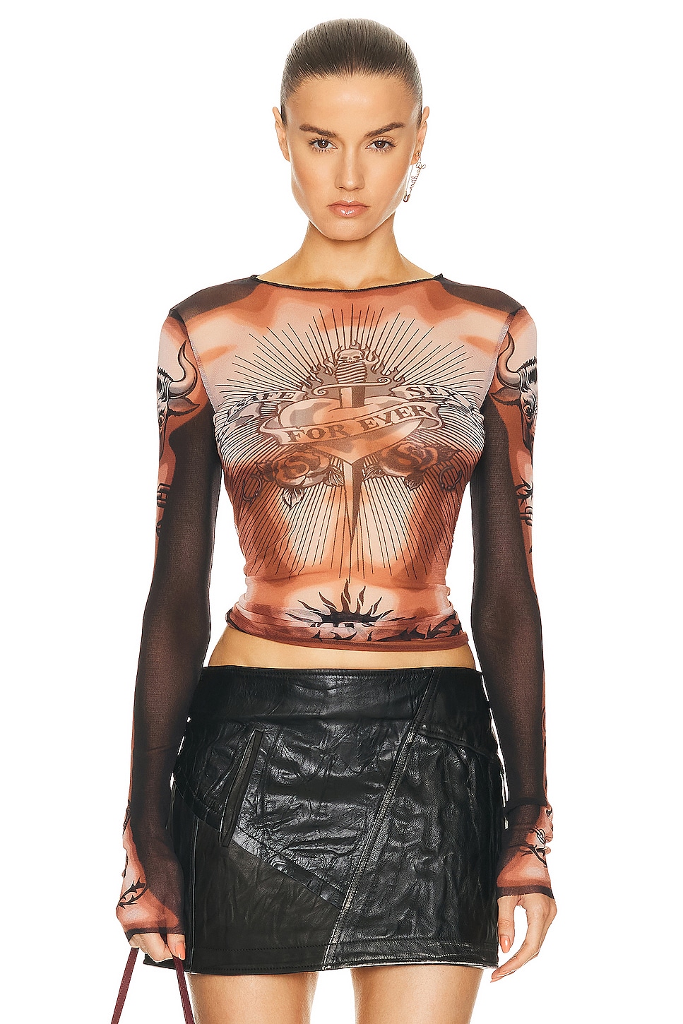 Image 1 of Jean Paul Gaultier Printed Safe Sex Tattoo Long Sleeve Crew Neck Top in Nude, Brown, & Black